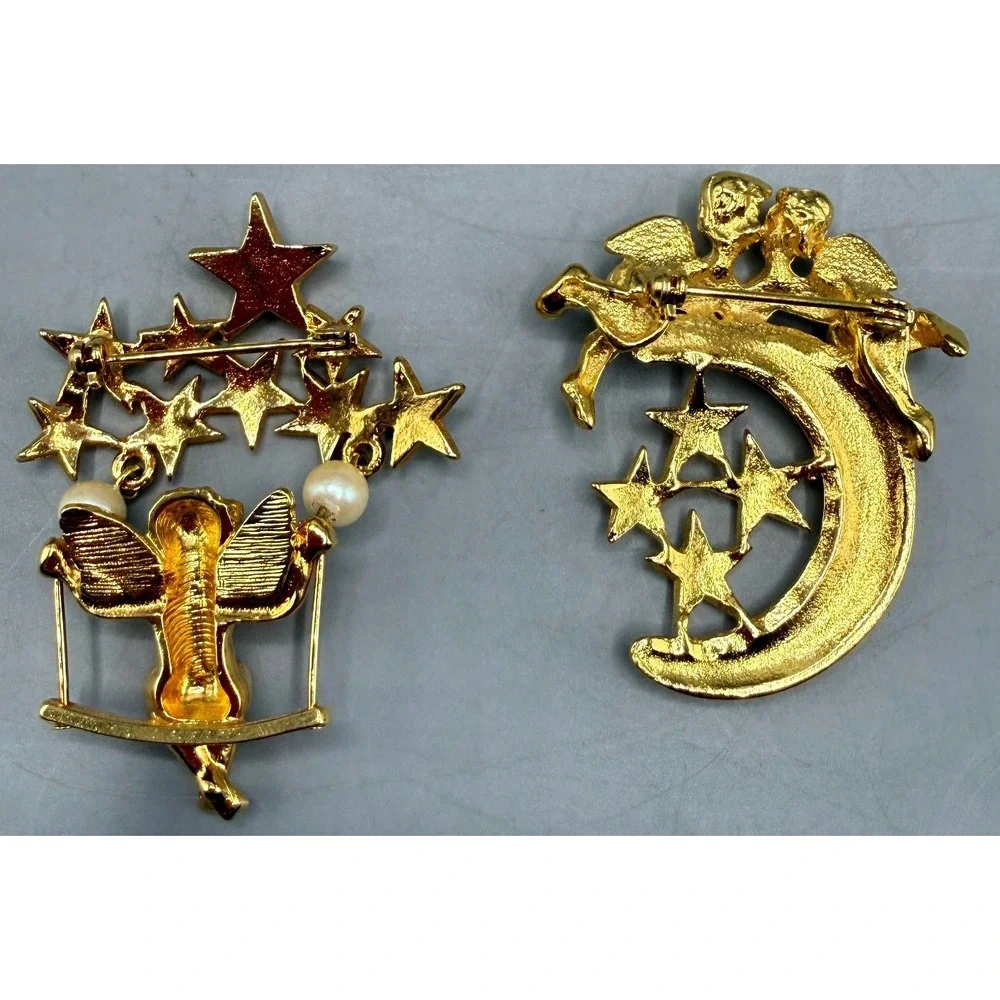Vintage Gold Tone Cherub Brooch Set Celestial Moon Stars Faux Pearl Rhinestone